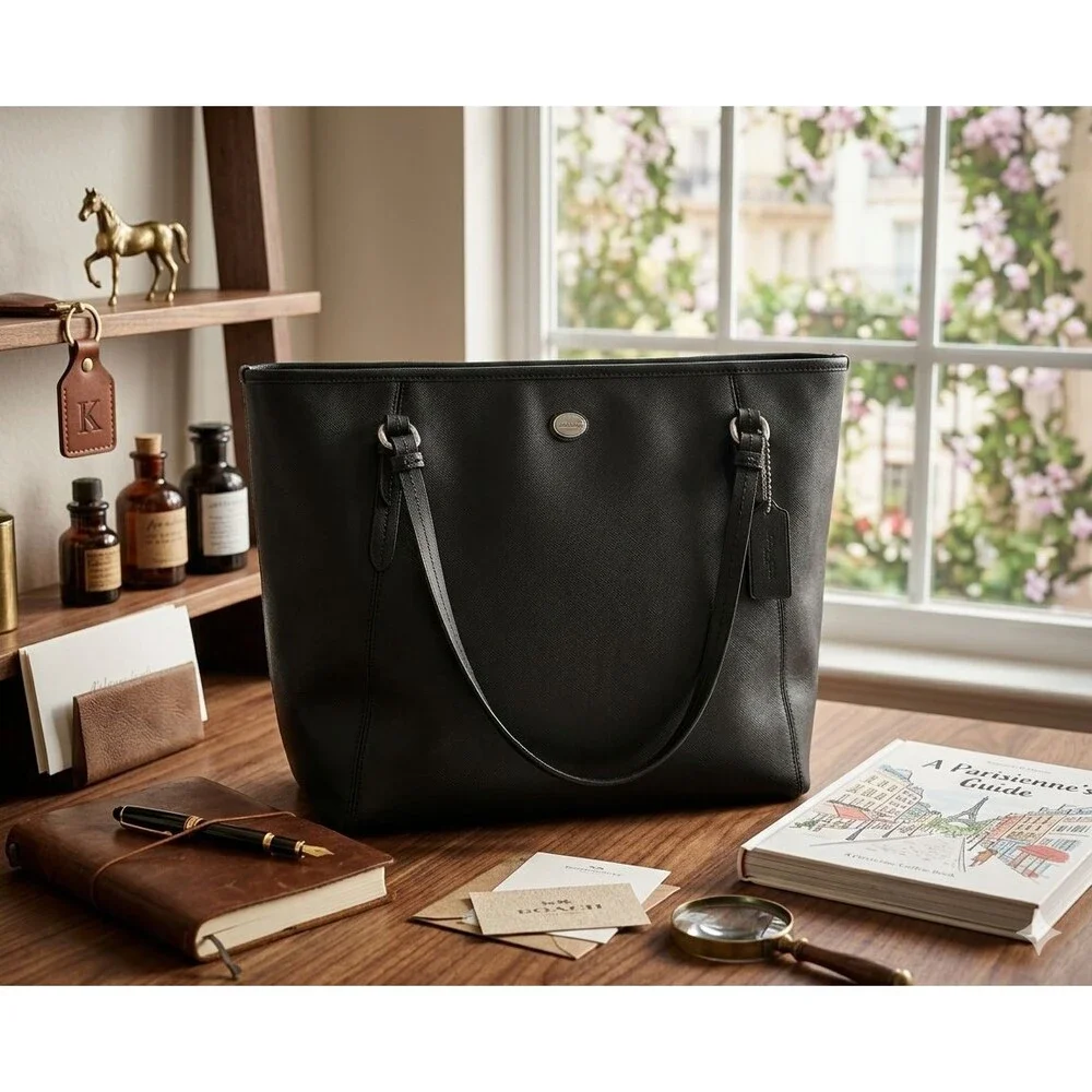 COACH Peyton Leather Zip Top Tote/Bag/Purse,Black/Silver,Classic,Timeless - Picture 2 of 14